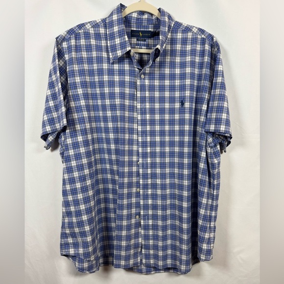 Ralph Lauren Men’s Button Down Short Sleeve Shirt Blue & White Plaid XXL - Picture 1 of 5